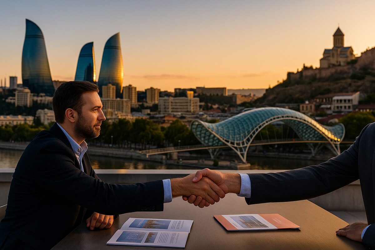 B2B handshake with Baku Flame Towers and Tbilisi’s Bridge of Peace in the background